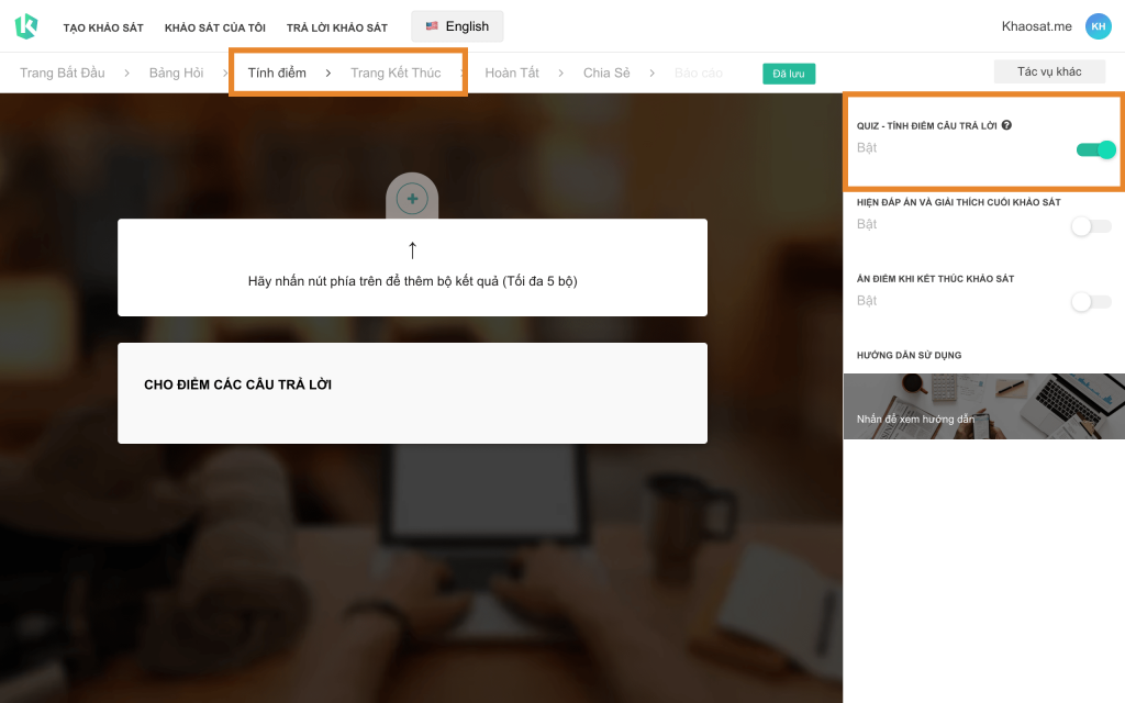 hướng dẫn quiz tính điểm