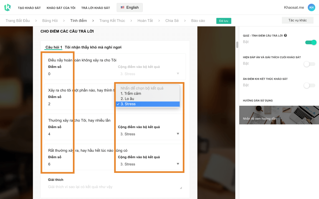 hướng dẫn quiz cho điểm