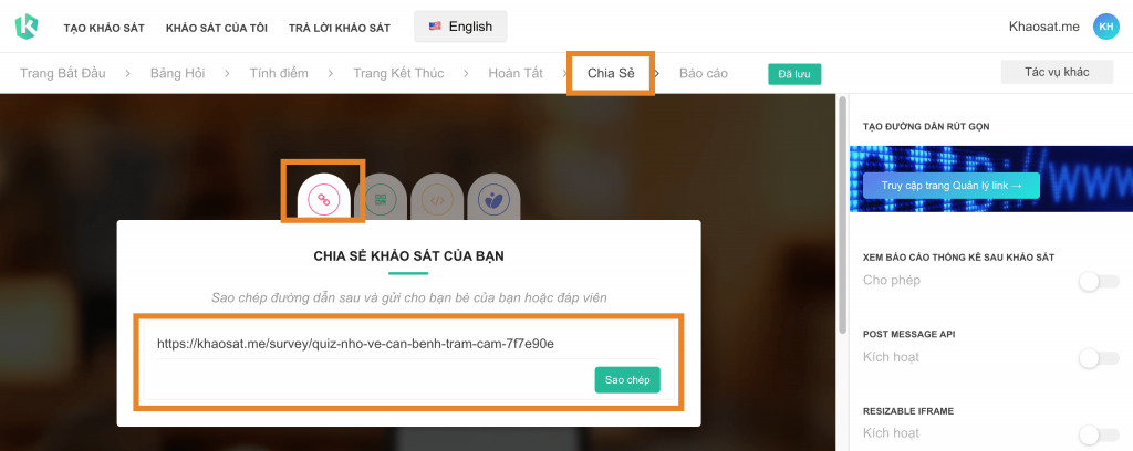 hướng dẫn quiz chia sẻ link