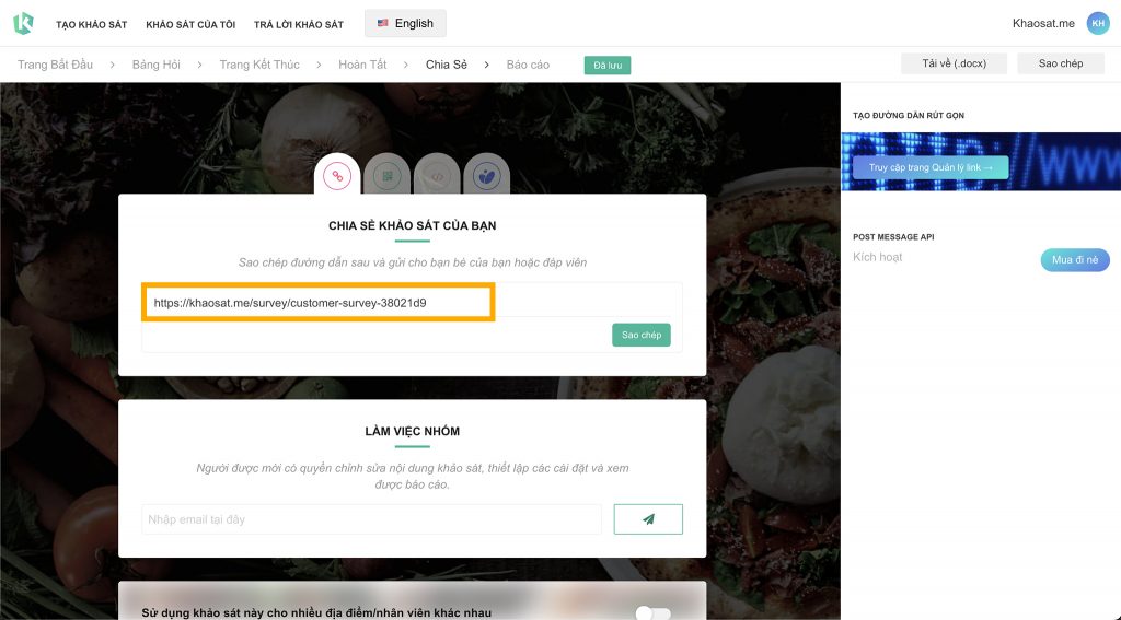 lấy link khảo sát