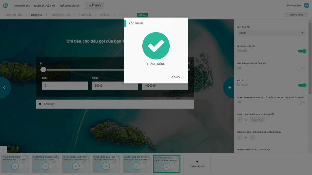 Thông báo thành công khi upload file Excel lên Khaosat.me