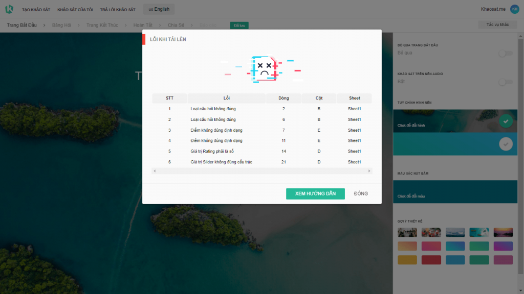 Thông báo lỗi khi upload file Excel lên Khaosat.me