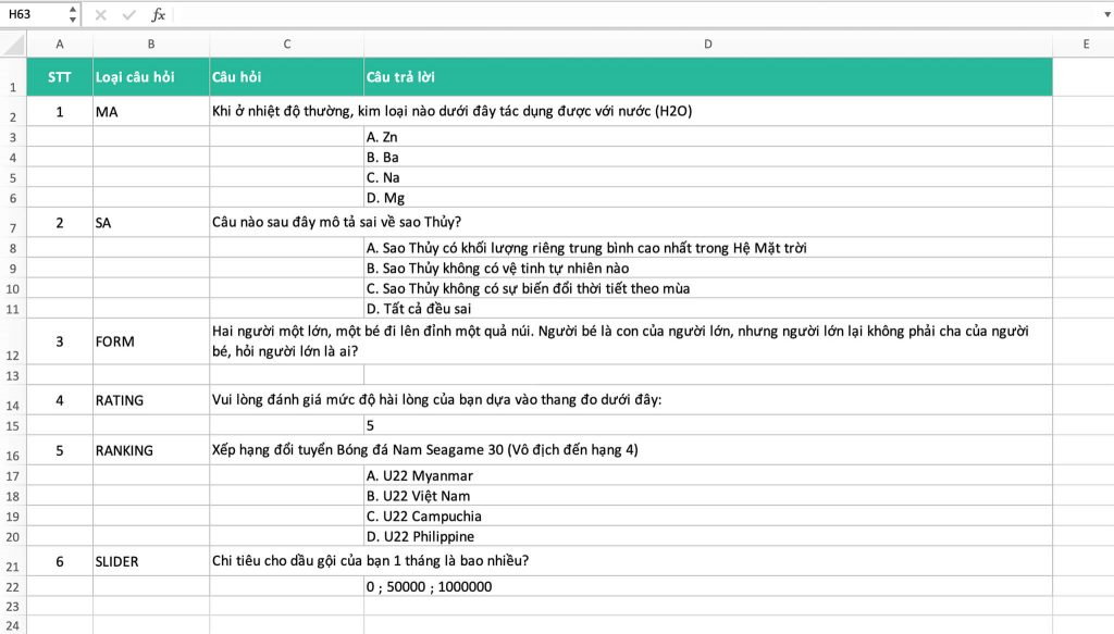 Cấu trúc bảng khảo sát trên file Excel để upload lên Khaosat.me