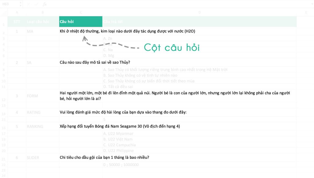 Cột câu hỏi trên file Excel để upload lên Khaosat.me