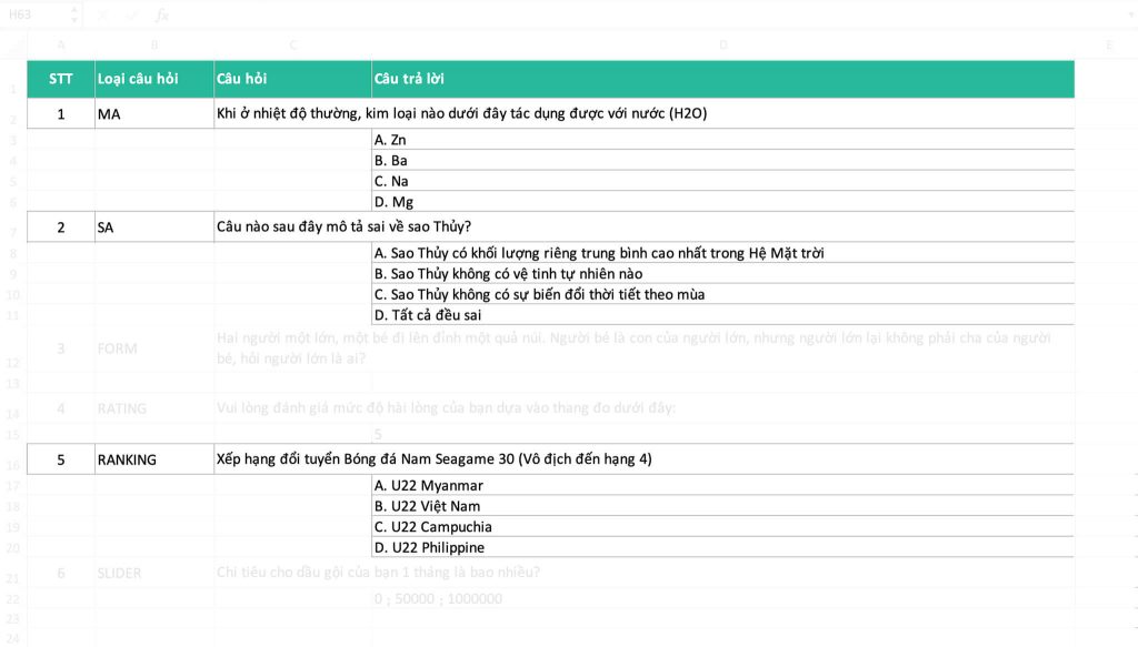 Loại câu hỏi MA, SA và Ranking trên file Excel để upload Khaosat.me