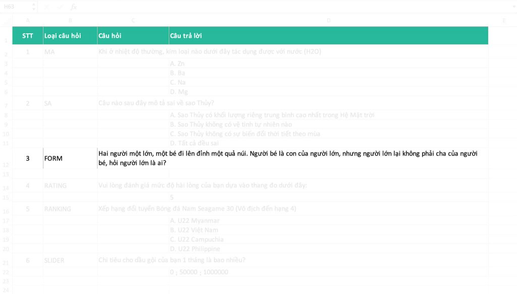 Loại câu hỏi Form trên file Excel để upload lên Khaosat.me