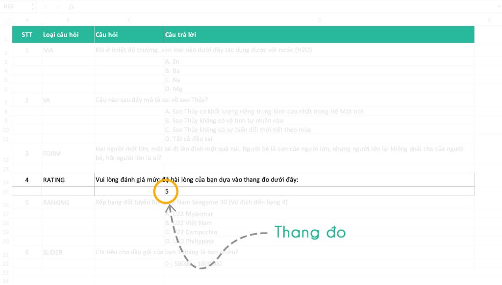 Loại câu hỏi Rating trên file Excel để upload lên Khaosat.me