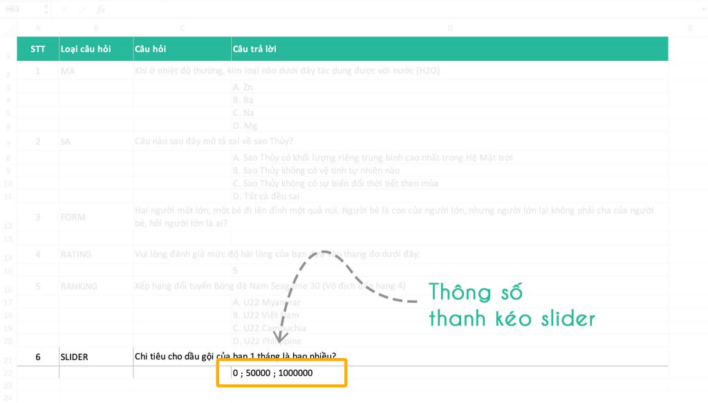 Loại câu hỏi Slider trên file Excel để upload lên Khaosat.me