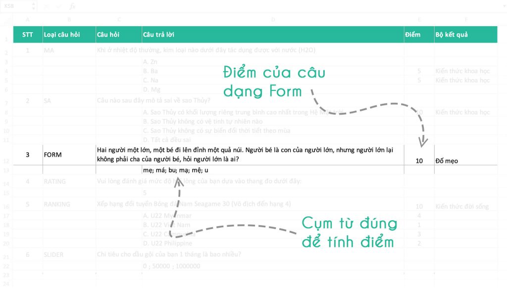 Cho điểm câu hỏi Form trên file Excel để upload lên Khaosat.me