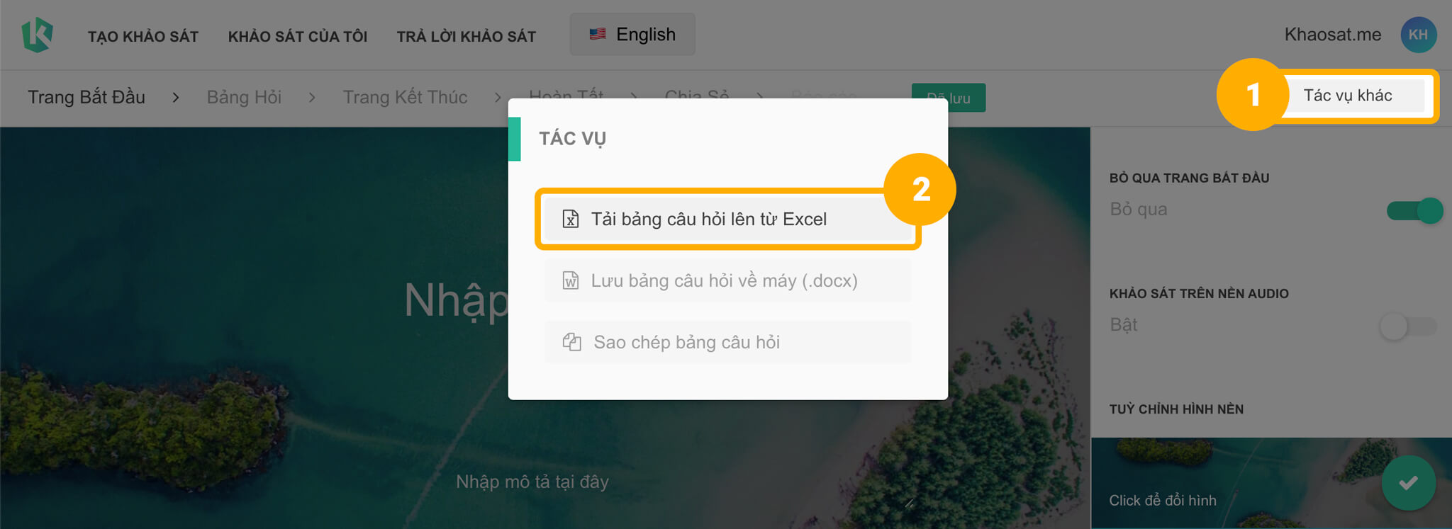 Upload bảng câu hỏi từ file excel lên Khaosat.me