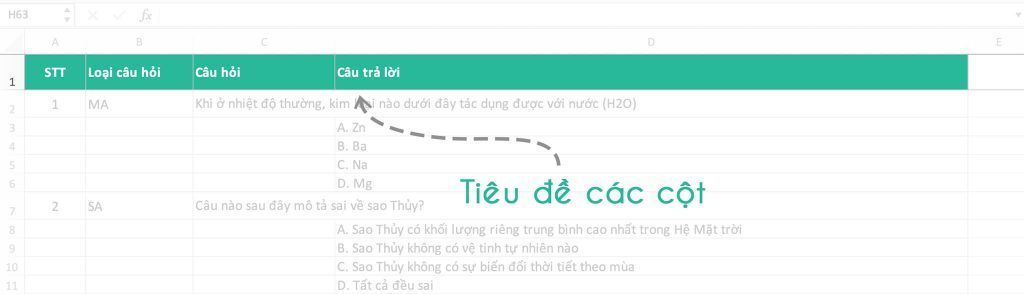 Tiêu đề cột trong file Excel để upload lên Khaosat.me