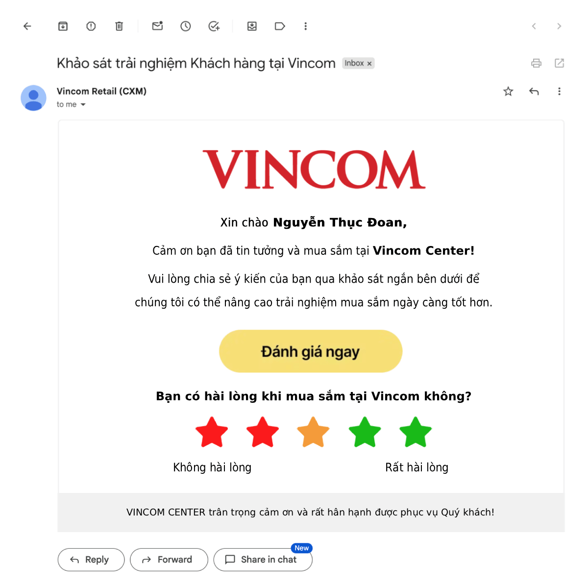 Email khảo sát trải nghiệm khách hàng tự động của Vincom – CXM Khaosat.me
